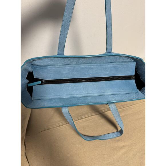 Facine Tote Bag Womens Light Blue Leather Large Shopper Croc Trim Shoulder Zip - Picture 2 of 13